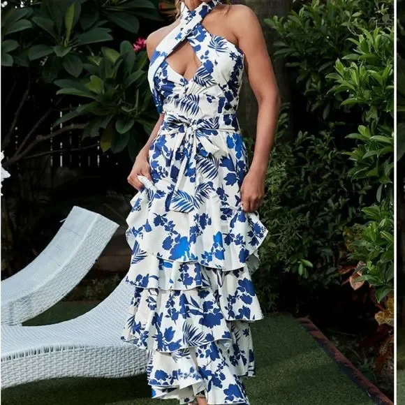 SOLD Women’s Summer Floral Halter Neck Maxi Dress with Ruffles Size L NWOT - Picture 12 of 13